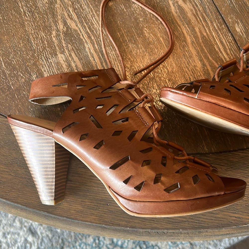 Brown tie up sandals with heel